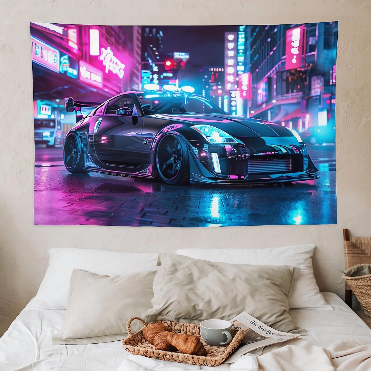 ANMOGID Neon Car Tapestry Wall Hanging Retro 350Z Street Tapestry Wall Hanging Aesthetic Decoration For Bedroom Living Room Wall Art Tapestries 60" x 40"