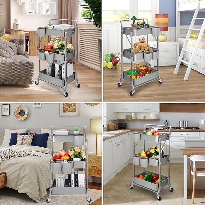 Foldable 3 Tier Metal Utility Rolling Cart, Folding Mobile Multi-Function Storage Trolley Organizer Cart for Home Library Office(Grey)