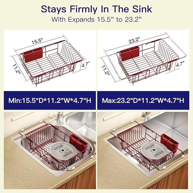 MAJALiS Red Dish Drying Rack Over The Sink with Utensil Holder, Mat | Expandable Stainless Steel Dish Drainer for Small Kitchen, Apartment, RV, Counter Space Saving, Perfect Fit, Rustproof