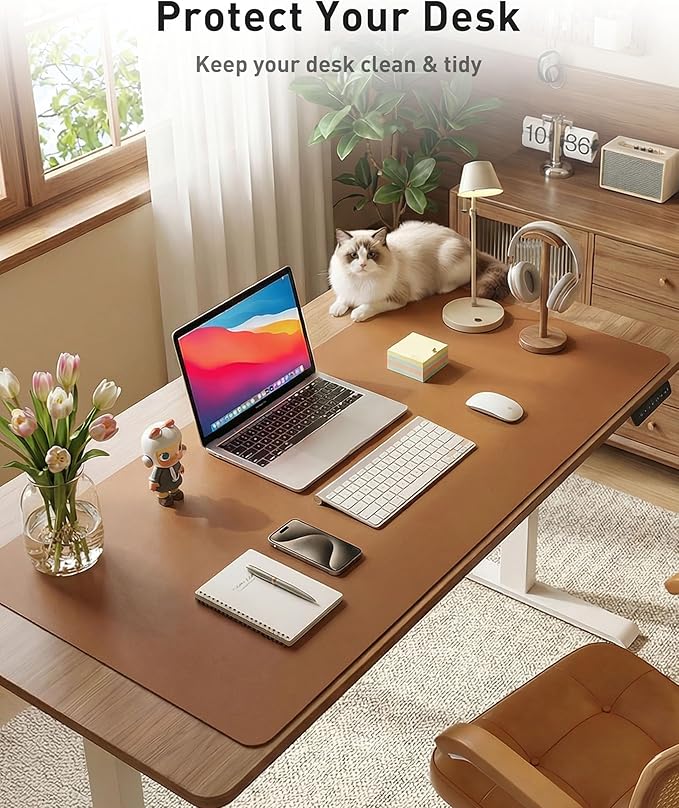Aothia Faux Leather Desk Mat - Large Mouse Pad, Non-Slip PU Leather Blotter, Waterproof Writing Surface for Office and Home (Brown, 42" x 17")