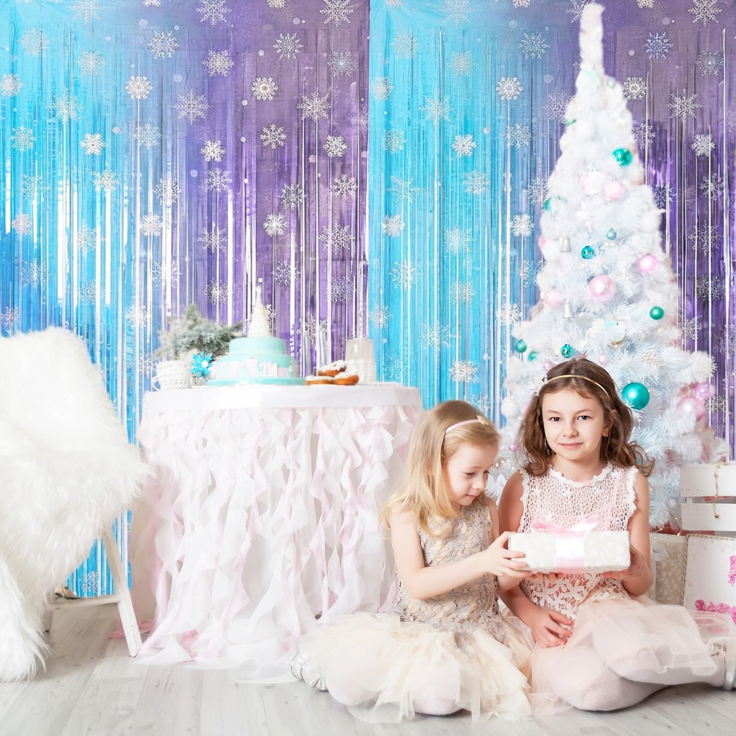 4 Pack 3.3x6.6 Ft Winter Princess Birthday Party Decorations Snowflake Backdrop Tinsel Foil Fringe Curtains Ice and Snow Birthday Party Supplies Snowflake Photo Booth Prop Backdrop Streamer