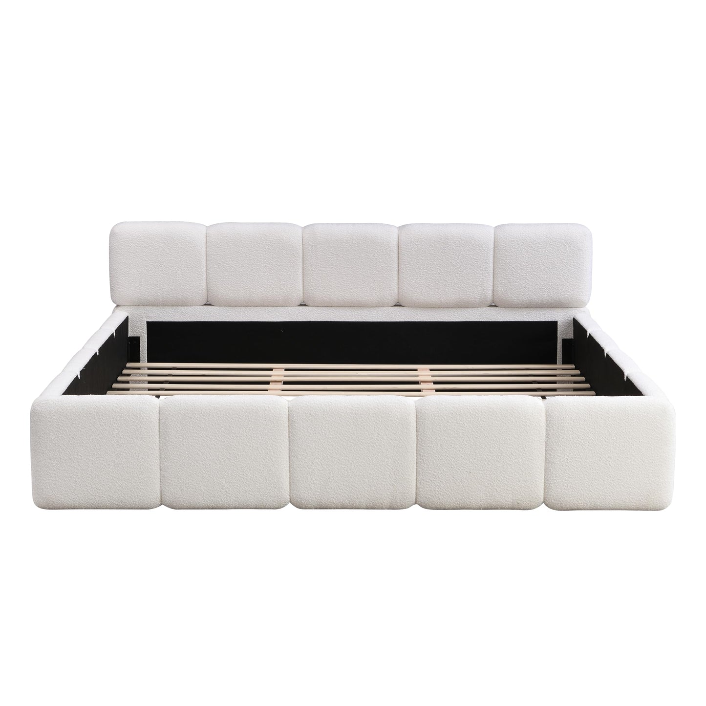 Merax King Size Boucle Platform Bed with Thick Headboard and Footboard, Block Style Upholstery Floor Bed Frame, White