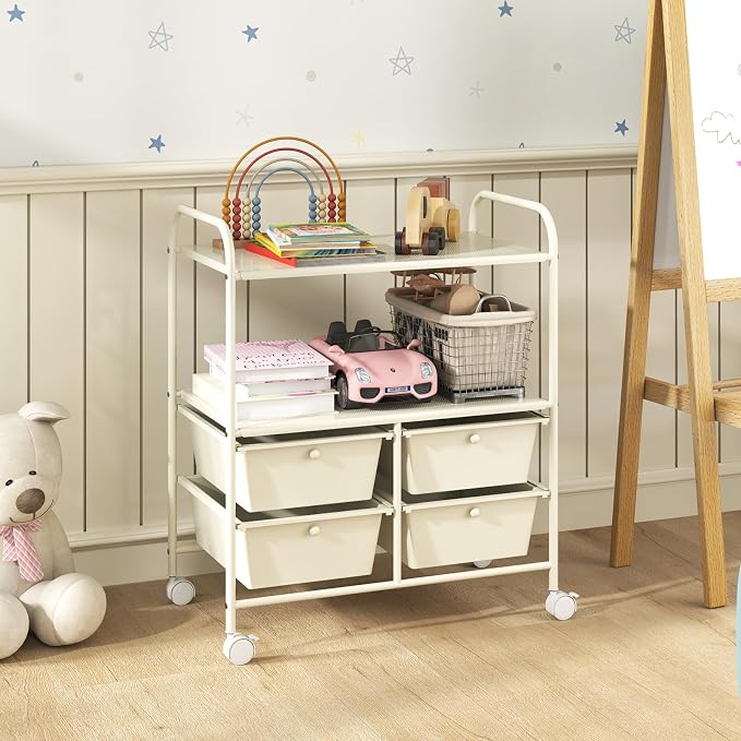 Giantex Rolling Storage Cart w/ 4 Drawers 2 Shelves Metal Rack Shelf Home Office School Beauty Salon Utility Organizer Cart with Wheels, Ivory