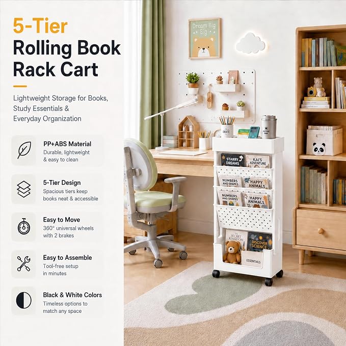 5-Tier Rolling Bookshelf, Book Storage Organization with Wheels Mobile Bookshelves Cart for Home Office Kids' Study Room School, White