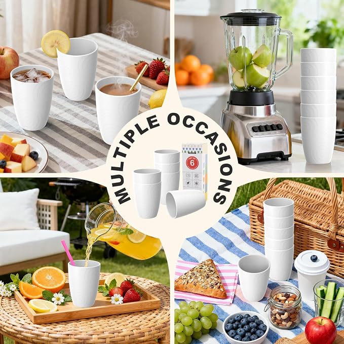 Wheat Straw Cups 6 PCS, Unbreakable 16 OZ Tumbler Set, Lightweight Glass Cups with Unique Pattern, Reusable Alternative to Plastic Cups, Dishwasher Safe Tumbler for Kitchen, Camping, White