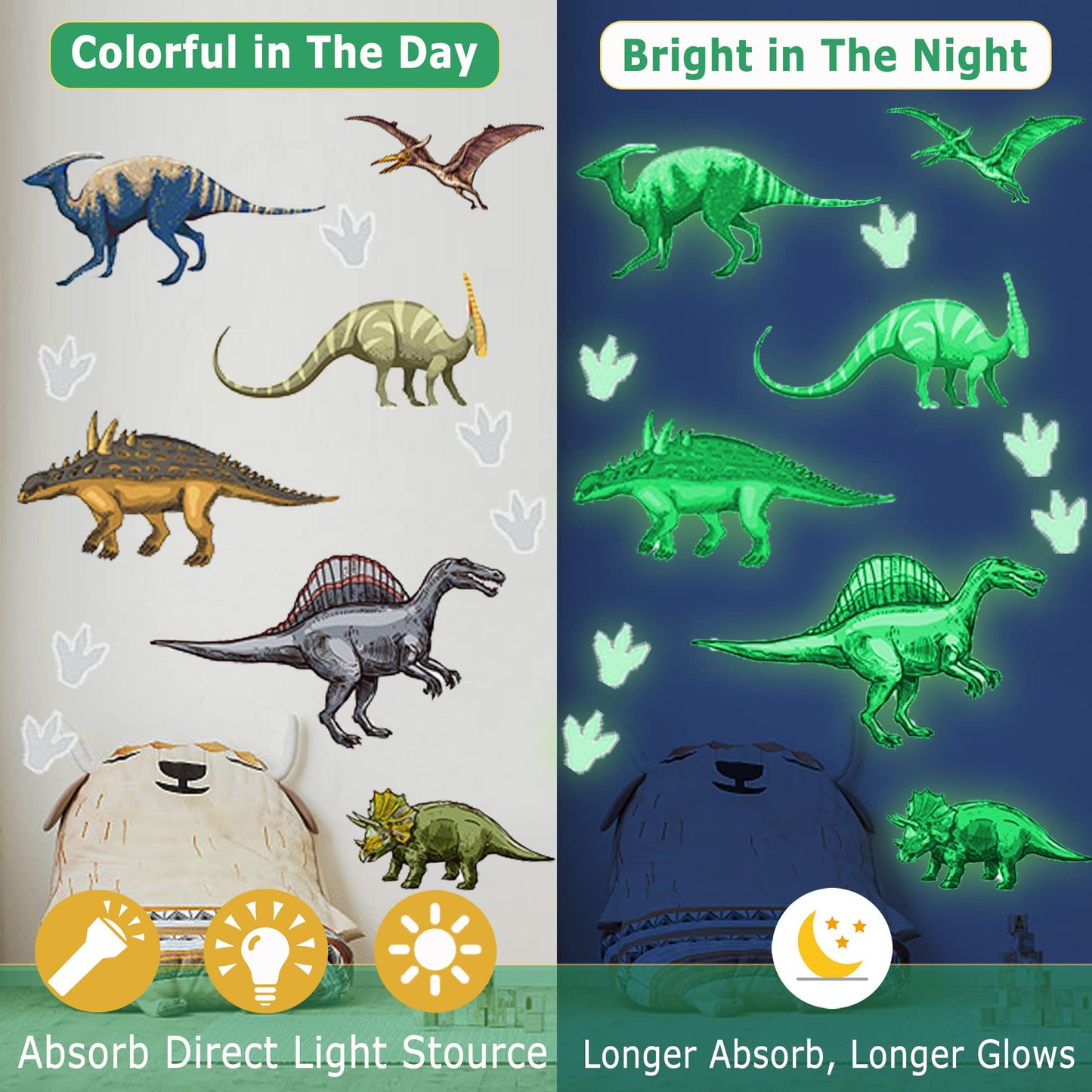Glow in the Dark Dinosaur Wall Decals Stickers, Glowing Dinosaur Wall Stickers Self-Adhesive for Ceiling, Removable Wall Stickers for Boys Bedroom Kids Girls Baby Nursery Gift
