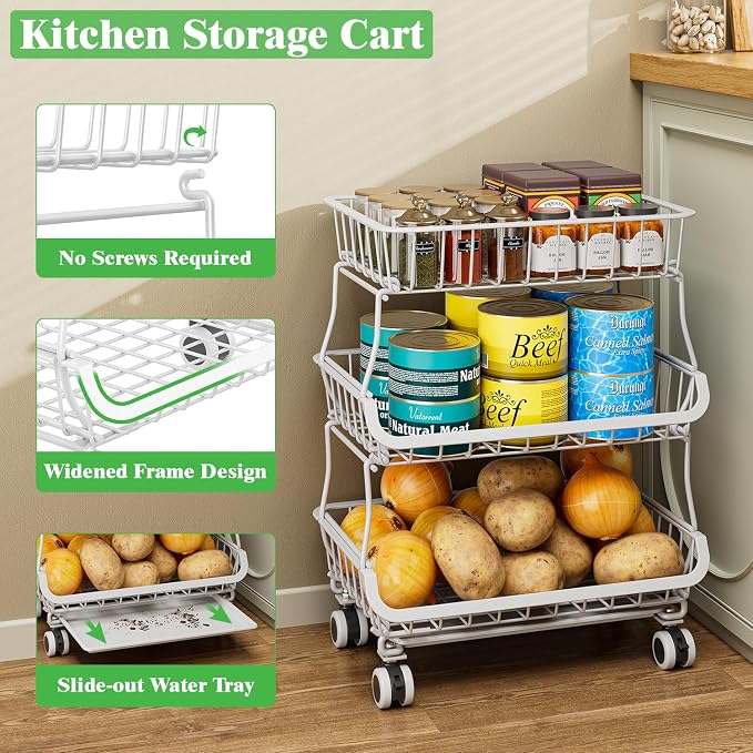 3 Tire Rolling Pantry Organizers and Storage Cart on Wheels | Metal Frame, Under Pantry Cabinet, Drip Tray, Storage for Snack, Potato, Onion, Produce, Can, Drink, Fruit and Vegetable