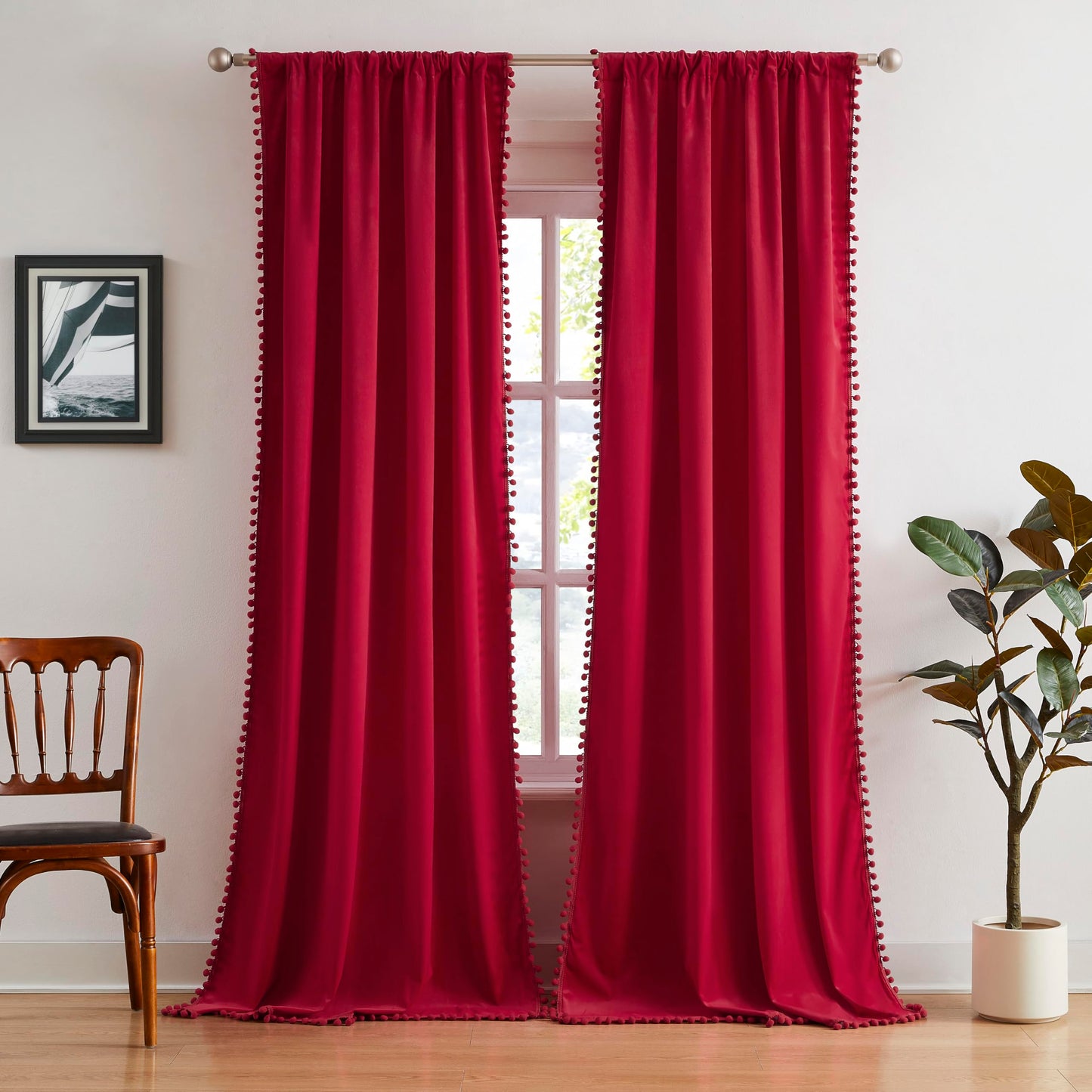 Treatmentex Red Pom Pom Velvet Curtains for Christmas Holiday Season 42"x 84" Length Soft Room Darkening Window Drapes for Living Room, 2Panels, Rod Pocket