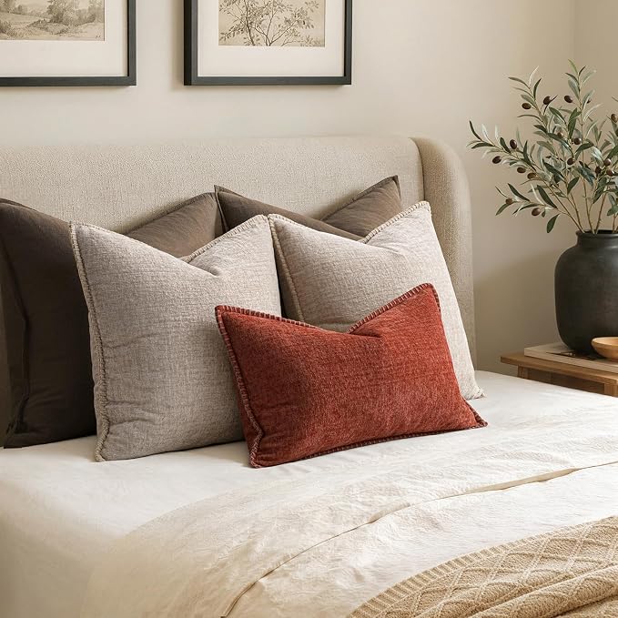 MIULEE Pack of 2 Couch Throw Pillow Covers 18x18 Inch Taupe Farmhouse Decorative Pillow Covers with Stitched Edge Tan Soft Chenille Solid Dyed Pillow Covers for Sofa Bed Living Room