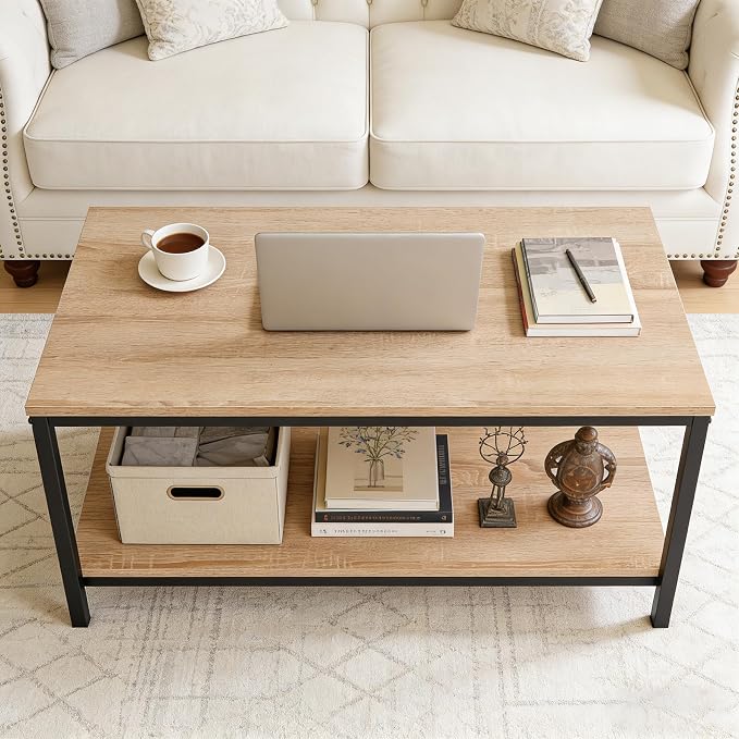 SUPER DEAL 2-Tier Industrial Coffee Table with Storage Shelf for Small Apartment Living Room, Rectangle Wood and Stable Metal TV Stand Side End Table, Natural Oak