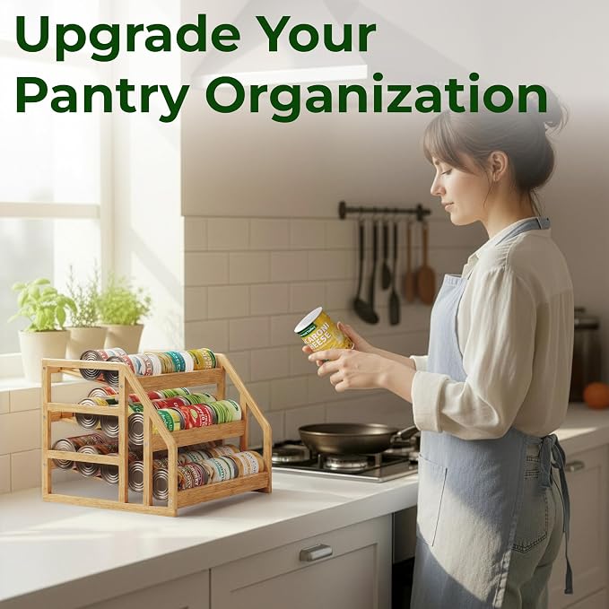 HOMESTEAD Bamboo Can Organizer for Pantry - 3 Tier Rack with Adjustable Dividers, Gravity Feed Canned Goods Organizer, 36 Cans Soda Storage