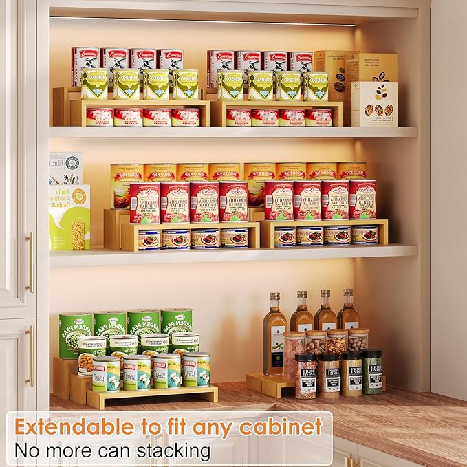 2 Sets Bamboo Can Organizer for Pantry, 3-Tier 6-Piece Adjustable Cabinet Can Display Rack, Soda Can Organizer Holds Up to 31 Cans, Canned Goods Storage Holder for Pantry, Cabinet, Countertop