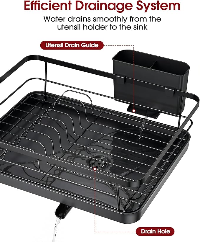 Sakugi Dish Drying Rack - Stainless Steel Dish Rack with Drainboard for Kitchen Counter and Sink, 15.6" D x 12" W x 5" H, Black