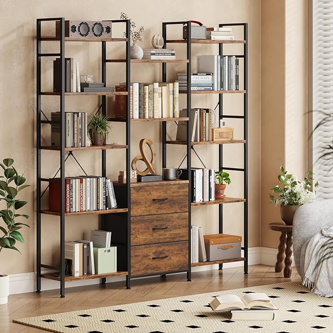 AFLUI Triple Bookshelf with 3 Fabric Drawers, 5-Tier Book Shelf and 10 Display Shelves, Industrial Large Bookcase for Home & Office, Rustic Brown, 47'' Wide