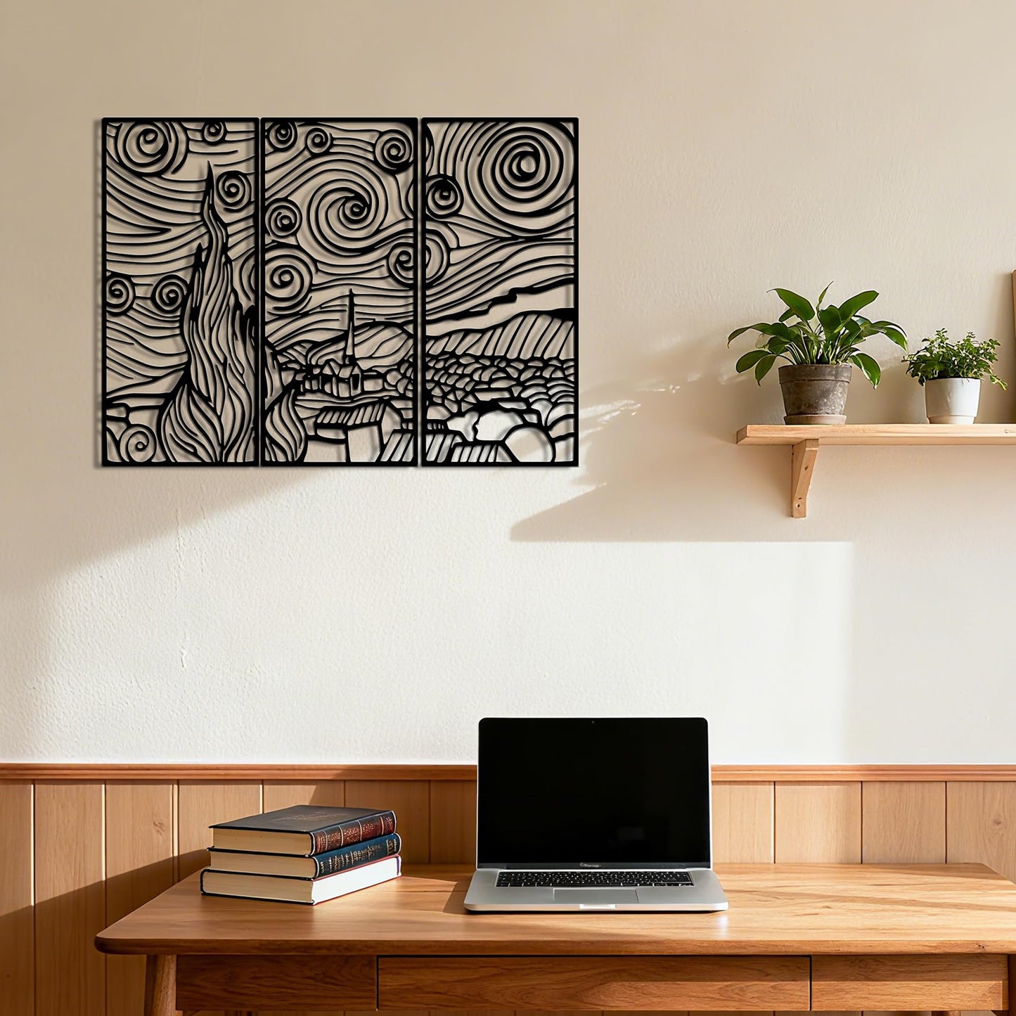 Slickss Starry Night Wall Art Metal,Black Van Gogh Wall Decor-Modern Laser Cut Steel Panel for Living Room, Office, Bedroom-Unique Industrial Home Artwork