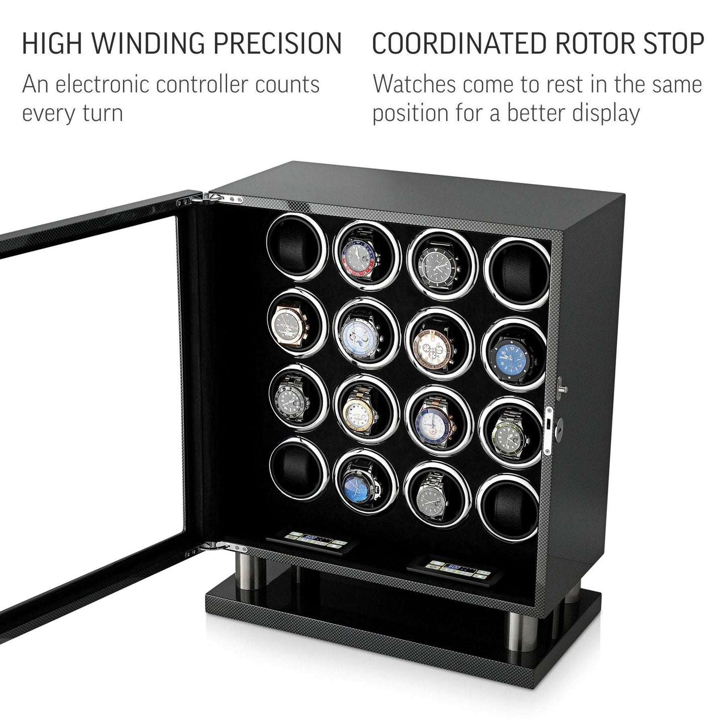 16 Watch Winder for Automatic Watches with LED Light and Coordinated Rotor Stop (Carbon)