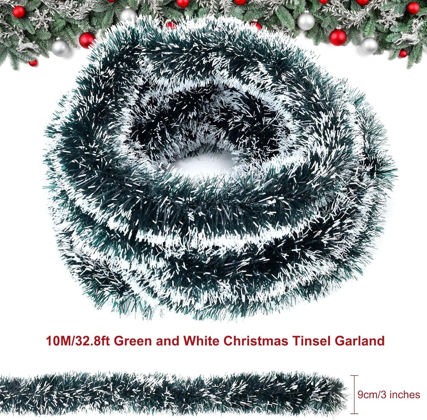 32.8 Ft Christmas Tinsel Garland, Dark Green Garland-Thick White Snow Metallic Garland for Christmas Tree, Wedding Birthday Xmas Disco Holiday Party