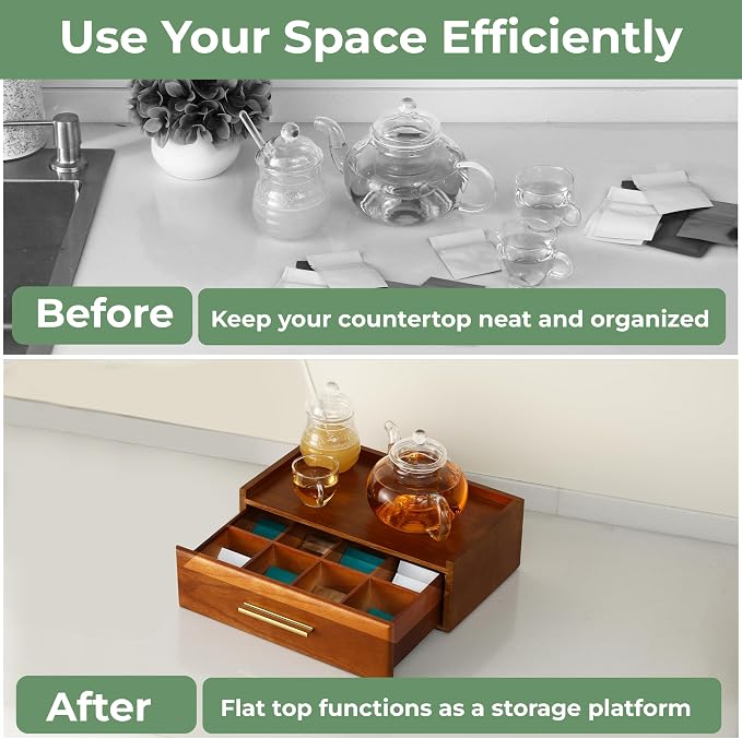 Tea Bag Organizer for Counter – Easy Pull Drawer, Anti-Slip Pads, Wooden Tea Organizer, Teabag Holder, 8 Compartments Drawer Storage, Flat Top Tea Station, Tea Box for Standard & Premium Bags