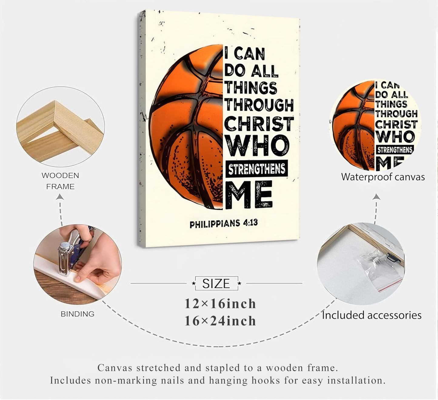 Inspirational Basketball Canvas Wall Art Christian Sports Painting Picture Wall Decor-I Can Do All Things Through Christ Who Strengthens Me Poster Print Artwork for Man Cave Boysroom Home Decoration
