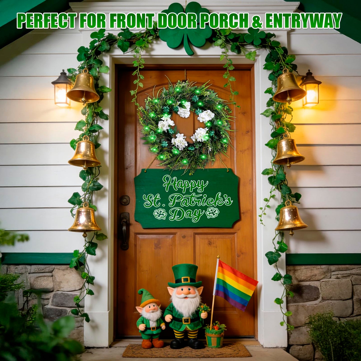 22" st Patricks Day Wreaths for Front Door, Green Shamrock & White Hydrangea Artificial Wreaths with LED Lights, Spring Holiday Wreath for Wall Window Porch Home Decor