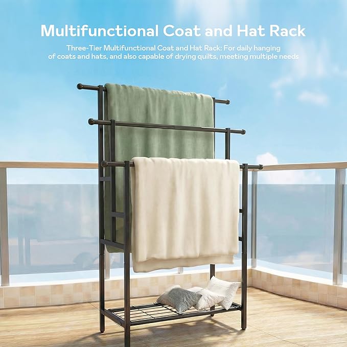 Free Standing Towel Rack, 3 Tiers Oversized Metal Ladder Holder with Storage Shelf, Black, for Bathroom Bedroom Living Room