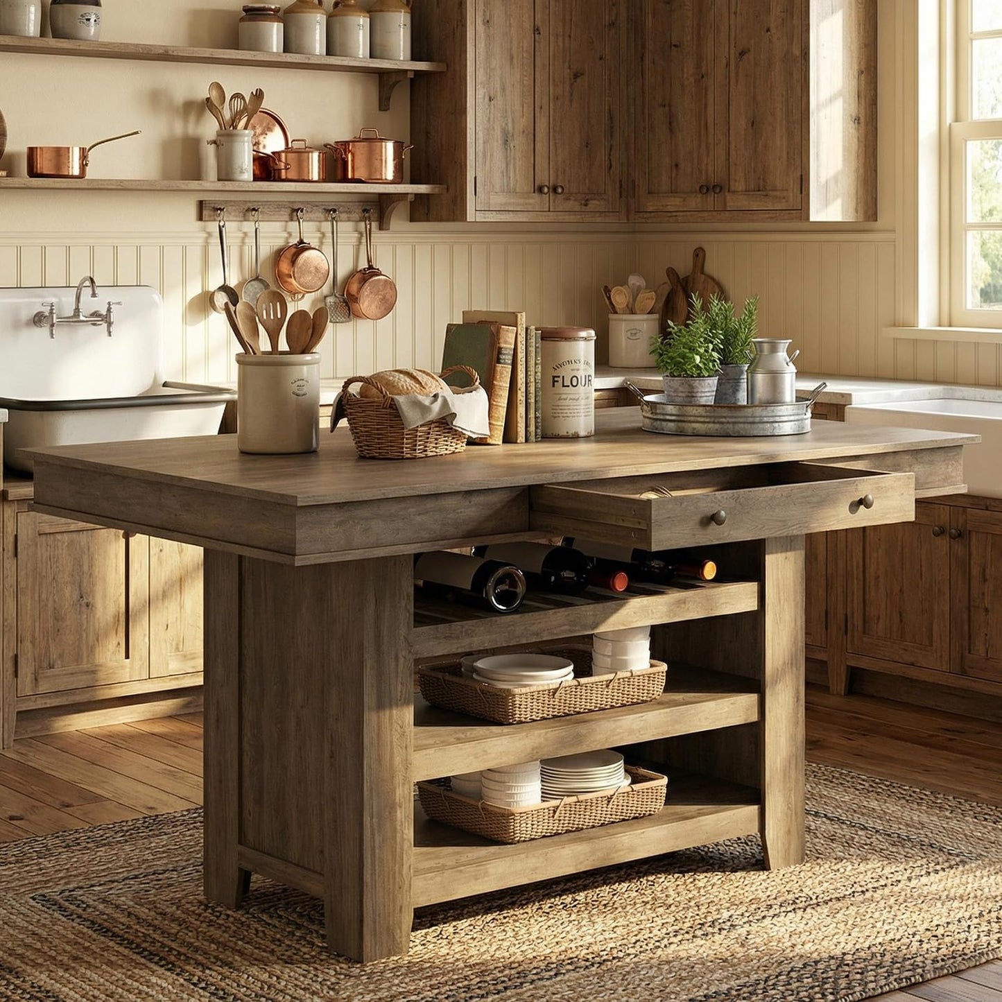 Garvee Counter Height Dining Table with 2 Drawers, 36" Farmhouse Wooden Large Bar Kitchen Table with Wine Rack & 3 Shelves, Rectangular, Thick Frame for Kitchen, Bar & Entertaining, Retro Gray