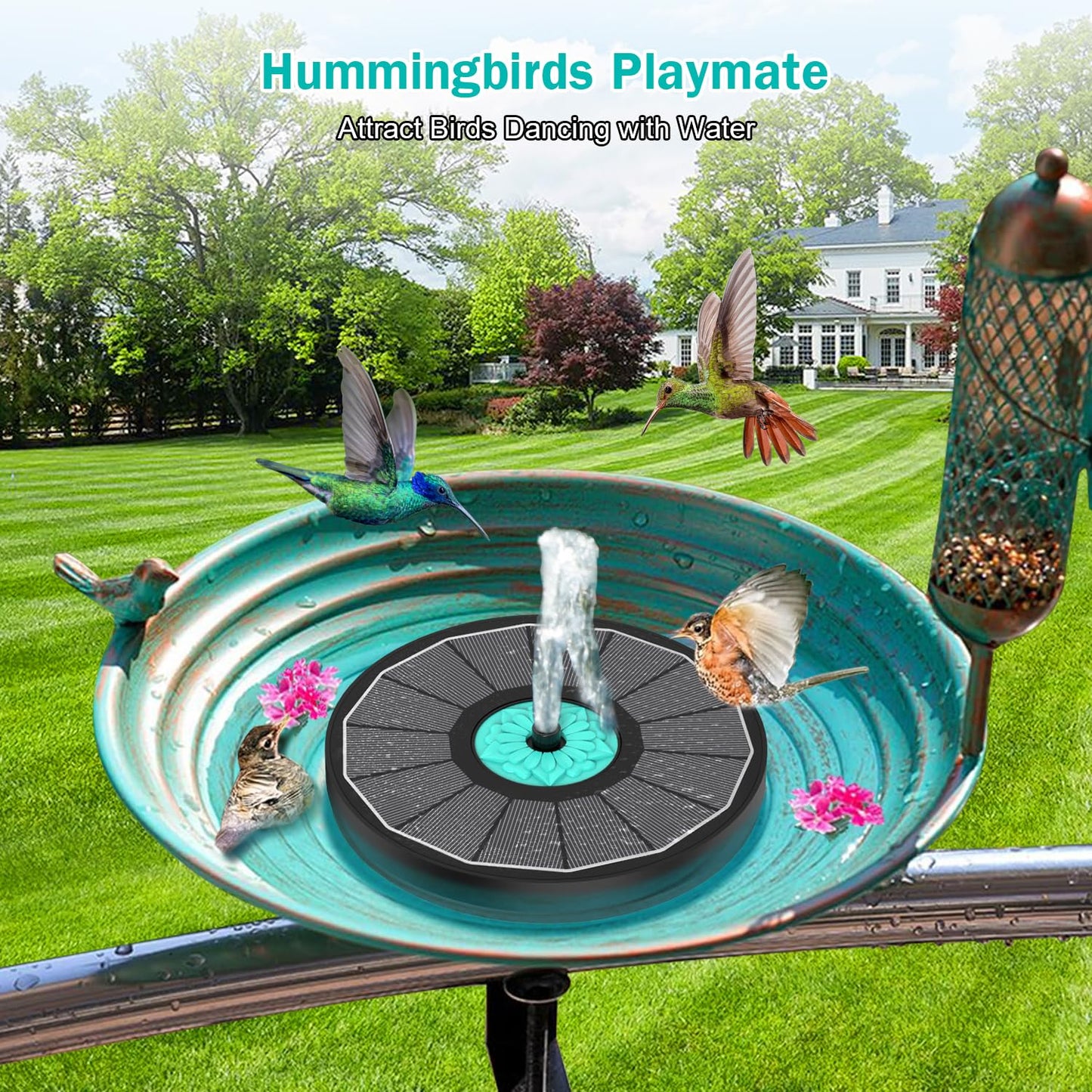GAIZERL Solar Fountain Cyan Flower, Upgrade 3.5W Solar Bird Bath Fountains, Solar Powered Water Fountain with 7 Nozzles, 4 Fixed Pipes for Hummingbirds, Bird Bath, Garden, Pool, and Pond