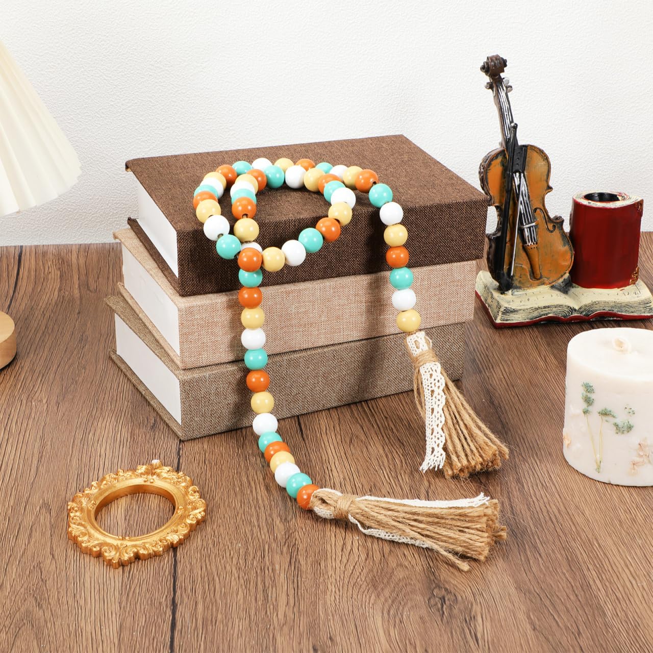 TOPPERFUN Wood Beads Garland with Tassels, 42.4in Farmhouse Rustic Style Colorful Wood Beads String, Large Antique Wooden Prayer, Boho Home Festival Decor Garland Rosary Rope
