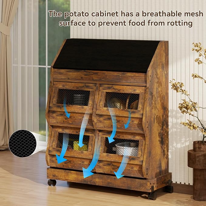 ARTETHYS Potato and Onion Storage Bin for Kitchen Large Potato Storage Box with Wheels 3 Tier Bread Container Holder with Lid and Grocery Section Decorative Vegetable Organization Cabinet for Kitchen