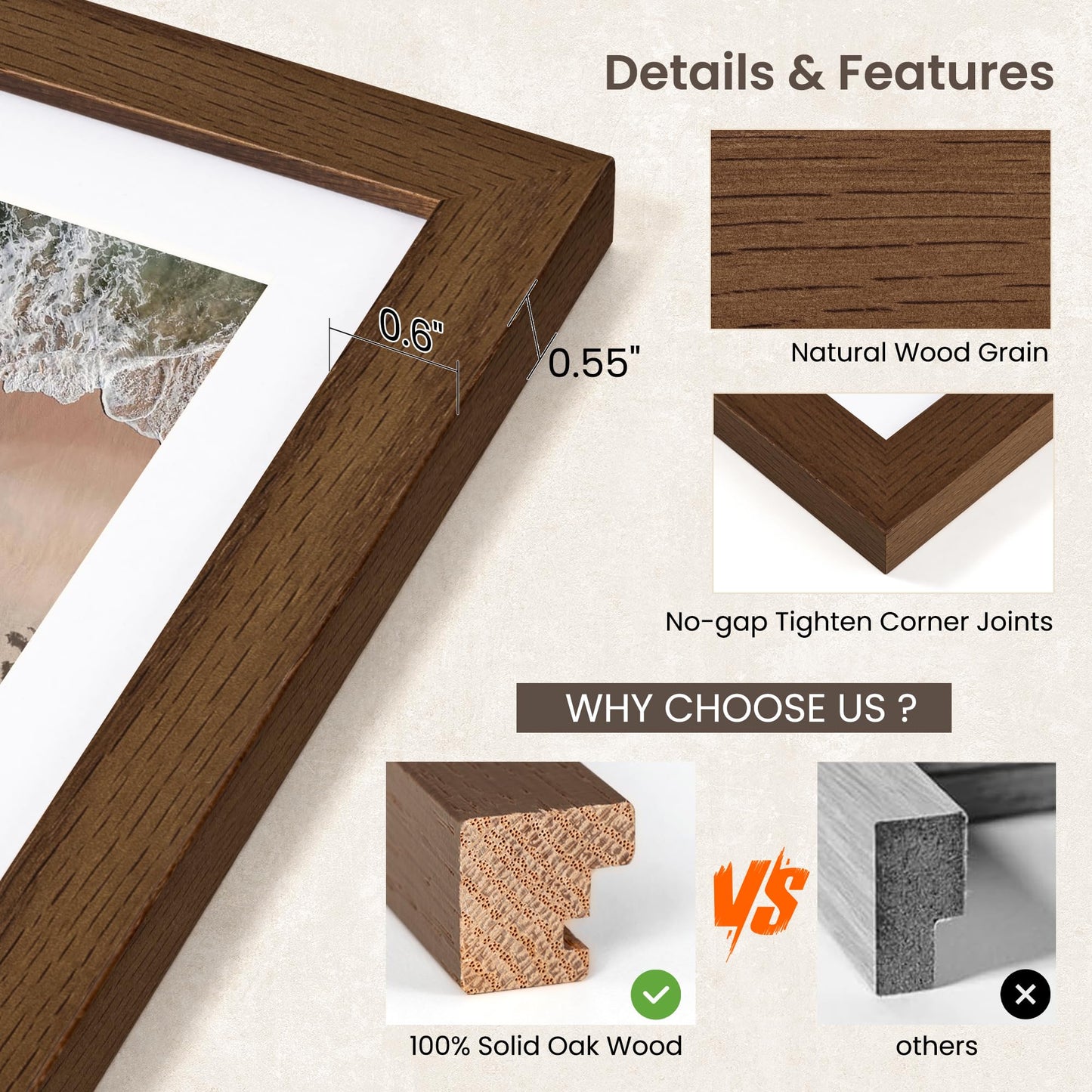 FLYJOE 5x7 Oak Wood Picture Frame with Mat for 4x6, 5 by 7 USA-Sourced Natural Solid Wooden Photo Frame for Wall & Tabletop Display, Shatterproof Plexiglass, 1 Pack, Walnut Color