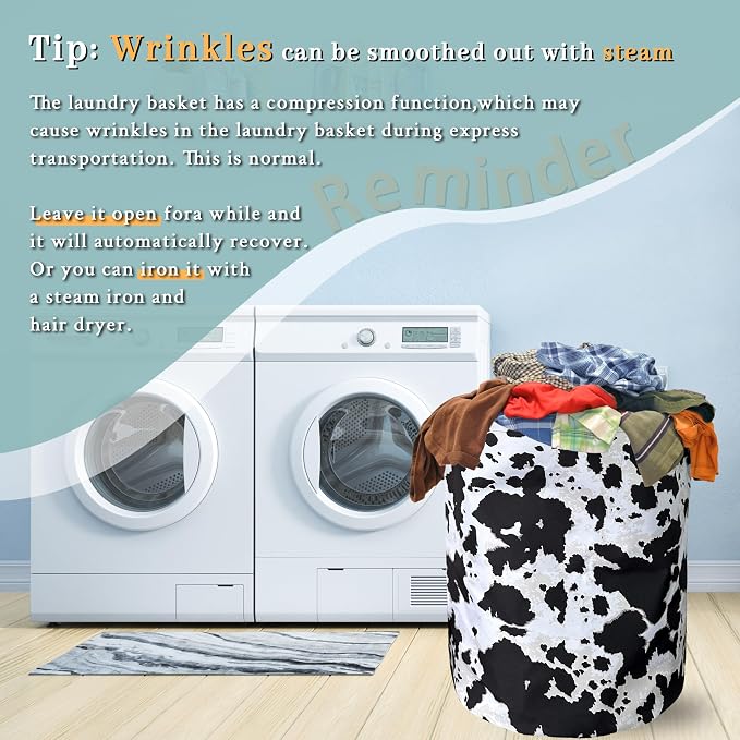 Retro Black White Cows Print Laundry Basket Foldable With Handles CowTote Bag Oxford Cloth Animal Laundry Hamper Clothe Storage Bucket Toy Organizer 18.9"x16.5"For Bathroom/Laundry/Bedroom