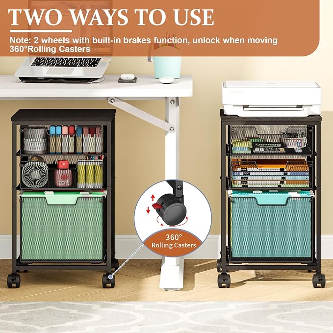 Sbanmao Rolling File Cart with 3 Drawers, File Cabinet with DIY Divider, Hanging Folder Holder Organizer with Wheels, Under Desk Storage Utility Cart, Printer Stand for Home Office, Black
