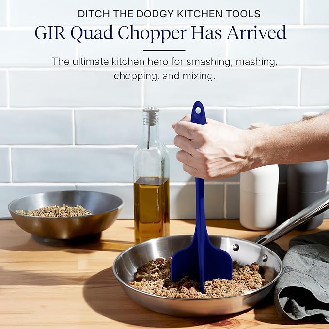 GIR: Get It Right Silicone Potato Masher & Quad Meat Chopper - 12 In Navy - Heat Resistant up to 425°F Fiberglass Core - 7-Blade Ground Meat Chopper & Food Masher - Dishwasher Safe Kitchen Gadget