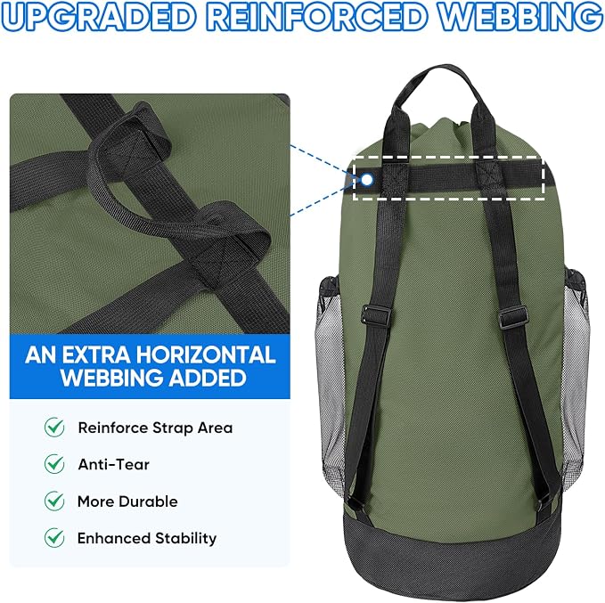 BALEINE 2PK 150L Laundry Bag Backpack, 900D Oxford Fabric Large Travel Laundry Bags with Shoulder Straps and 2 Mesh Pockets for College Dorm, Apartment, Laundromat (Green, 150L)