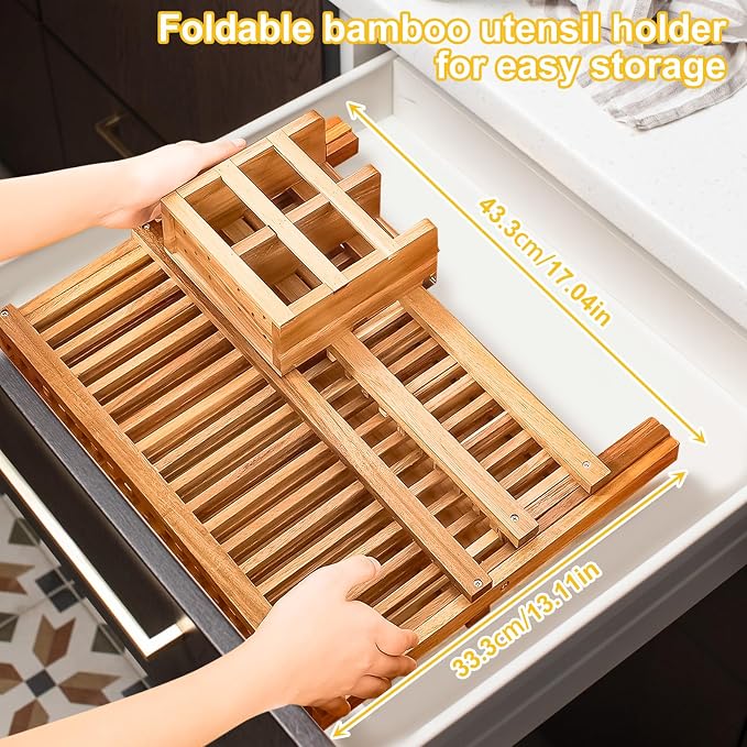 Tefola Bamboo Dish Drying Rack, 2-Tier Foldable Design with Utensil Holder, Kitchen Plate Rack Dish Drainer Rack Dish Racks for Kitchen Counter, 16.5 x 17 inches
