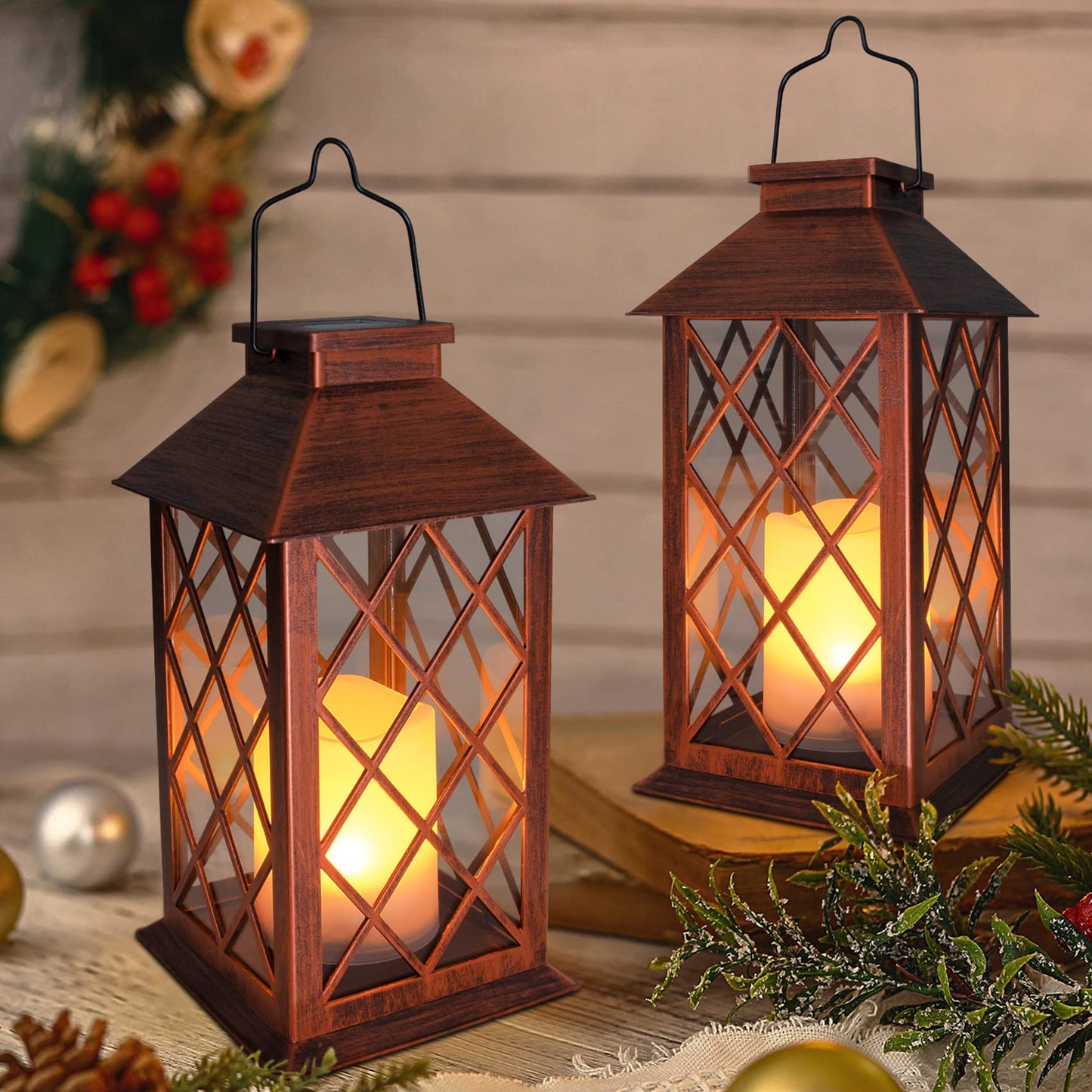 [2 Pack] TAKE ME 14" Solar Lantern Outdoor Garden Hanging Lantern Waterproof LED Flickering Flameless Candle Mission Lights for Table,Outdoor,Christmas Gifts Mom Wife