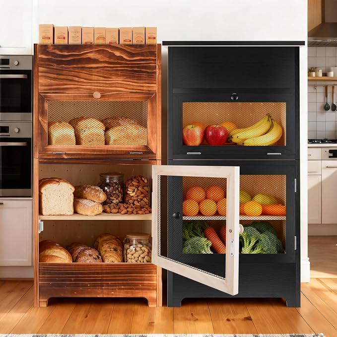 Large Potato and Onion Storage Bin - Wooden Stackable Bread Storage Box with Lid & Mesh Doors, Decorative Fruit and Vegetable Organization Cabinet for Kitchen, 15.75"W x 10.7"D x 33.5"H (Black)