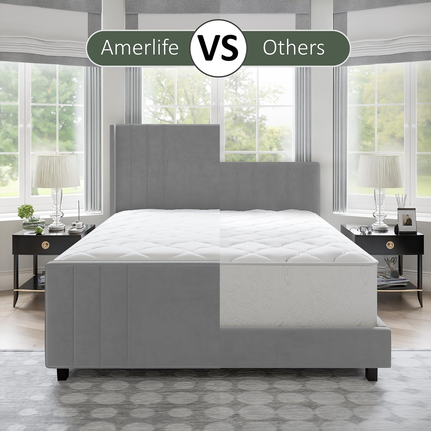 AMERLIFE King Size Bed Frame, Velvet Upholstered Platform Bed with Vertical Channel Tufted Headboard & Footboard/Wingback, Mattress Foundation with Wood Slats, No Box Spring Needed, Light Grey