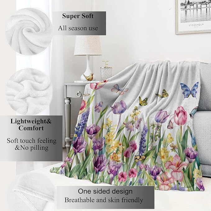 Spring Tulip Flower Blanket Cute Floral Throw Blankets with Colorful Butterfly,Birthday Gifts for Girls Women & Nature Lovers,Lightweight Soft Fleece,for Sofa Couch Bed Room Decor 40x50in