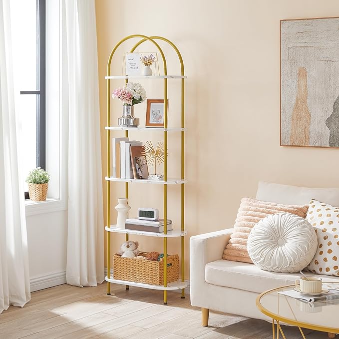 HOOBRO 5 Tier Open Bookshelf, Industrial Arched Bookcase Display Shelf Rack, Wooden Bookcase Storage Shelf Metal Frame, Tall Storage Organizer for Home, Easy Assembly, Gold DM176SJ01