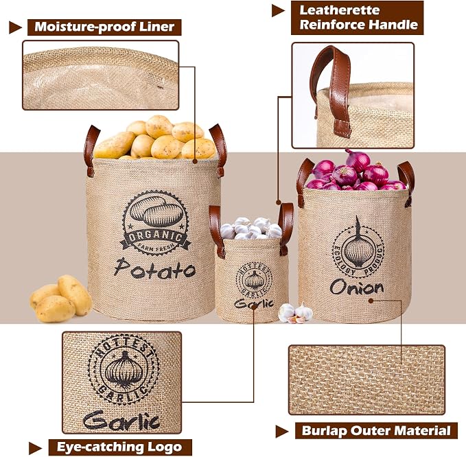 Kamehame Potato and Onion Storage Baskets Pack of 3, Lined Burlap Pantry Storage Bins for Potato Onion Garlic with Handles