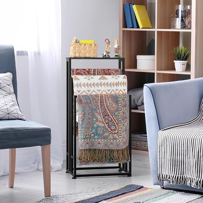 Freestanding Towel Rack for Bathroom 3 Tier Metal Floor Towel Stand Industrial Blanket Ladder Holder with Storage Shelf for Bedroom Living Room, Black