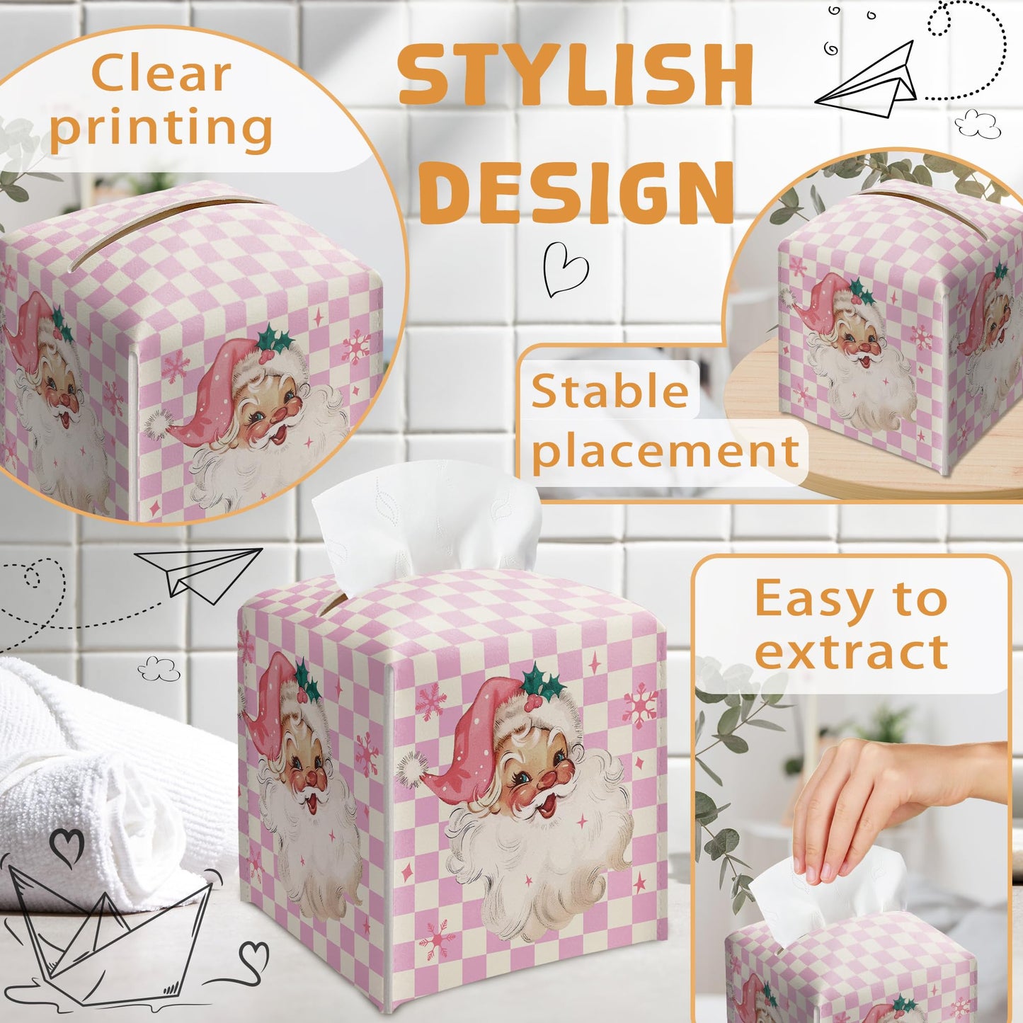 Merry Christmas Tissue Box Holder, Santa Claus Pink Checkered Leather Tissue Box Cover Square, Paper Facial Decorative Tissues Cover for Night Stands Bathroom Office Home Decor-B09