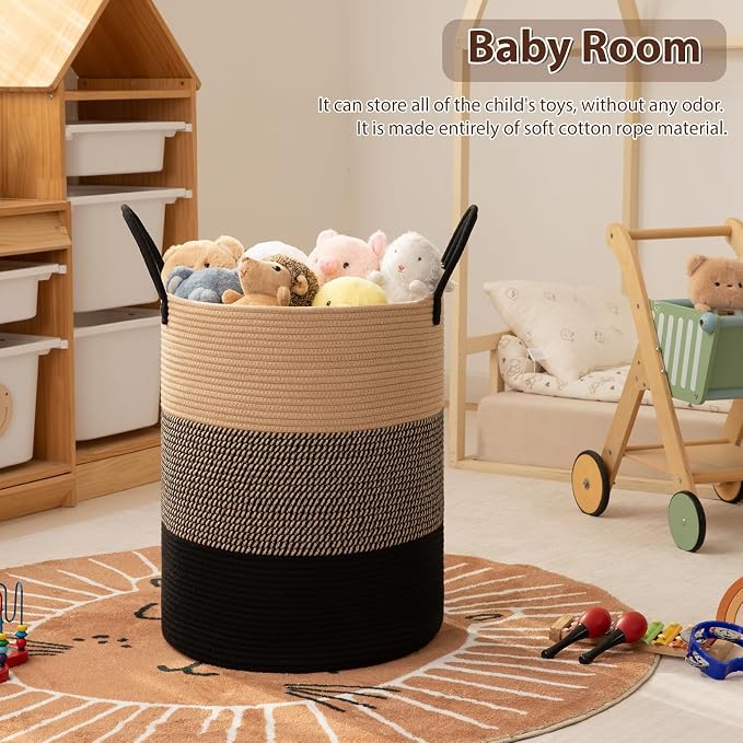 OIAHOMY Large Laundry Basket Hamper - 80L Cotton Rope Woven Basket for Blankets, Toys, Clothes - Tall Decorative Nursery Hamper with Long Handles, Yellow/Black
