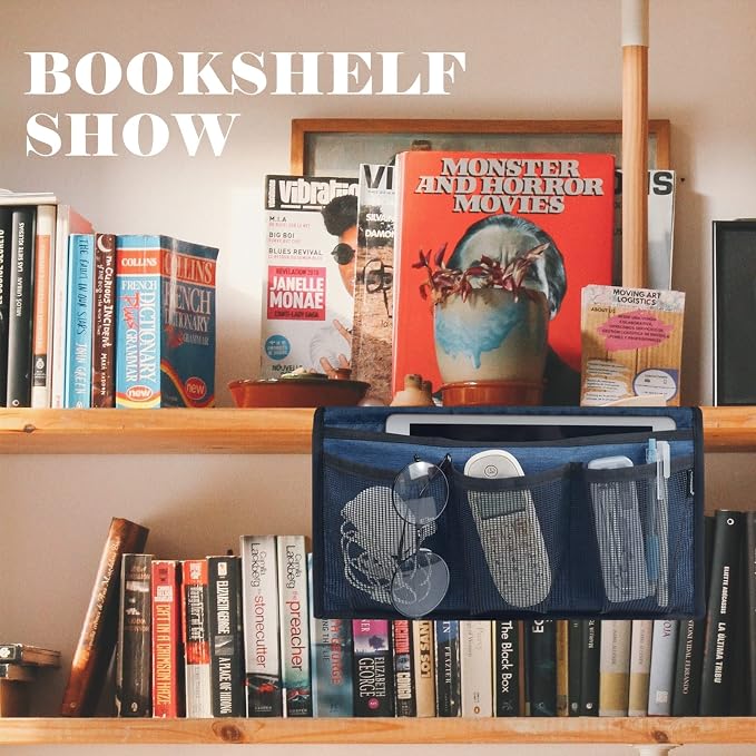 Gloppie Bedside Caddy with Pockets - Remote Holder & Storage Organizer - Blue