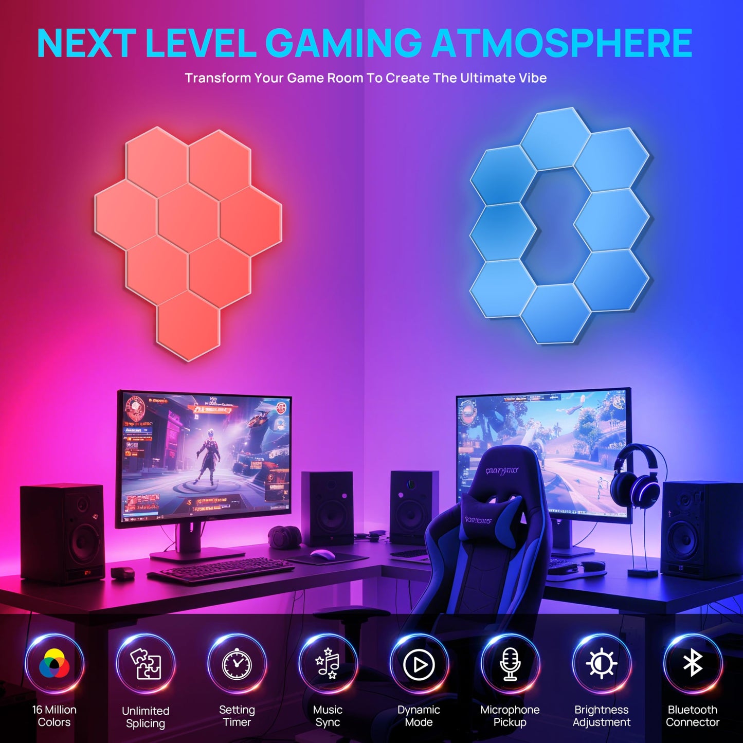 KORORO Hexagon LED Lights - 8 Pack Smart APP RGB Gaming Light with Remote Control & Music Sync Honeycomb Shape Hex Lights for Bedroom, Living Room Wall, Gaming Decor