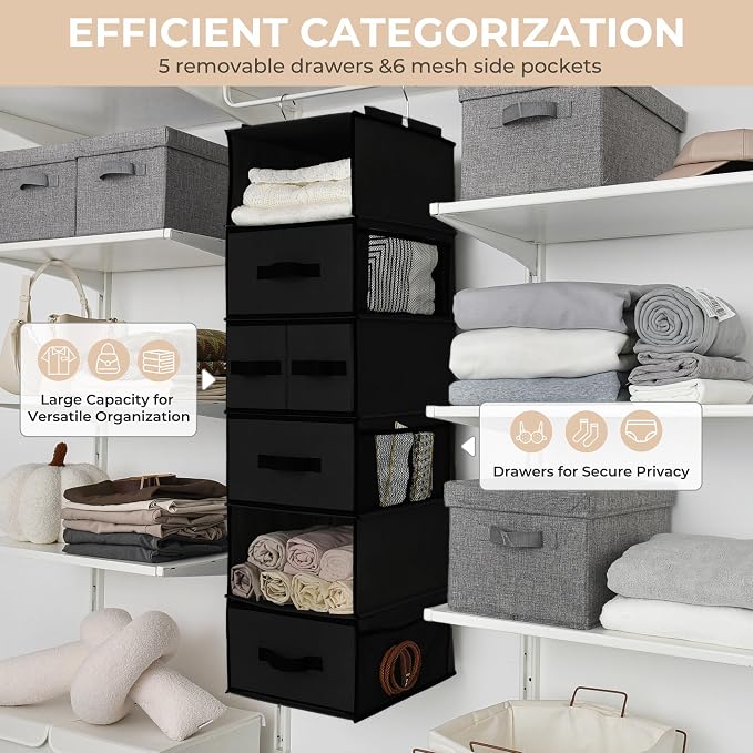 GRANNY SAYS Hanging Closet Organizer 6 Shelves, Closet Organization and Storage with 5 Different Drawers, 6 Side Pockets Wardrobe Clothes Organizer for Closet, Black, 1-Pack