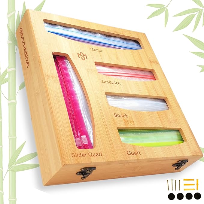 Storage Bag Holder, Baggie Organizer for Drawer or Wall Mount, Compatible with Gallon, Quart, Sandwich, Snack Size Bags, 1 Box 5 Slots, Bamboo Drawer Organizer, Baggie Holder