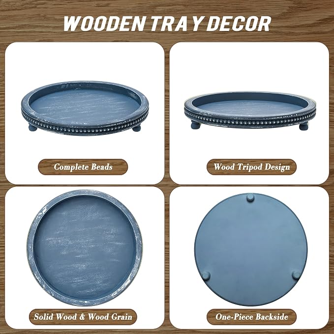 Handmade 12 Inch Decorative Tray, Small Beaded Tray Coffee Table Decor, Blue Decorative Display Risers for Coffee Table, Dining Room Entryway and Living Room