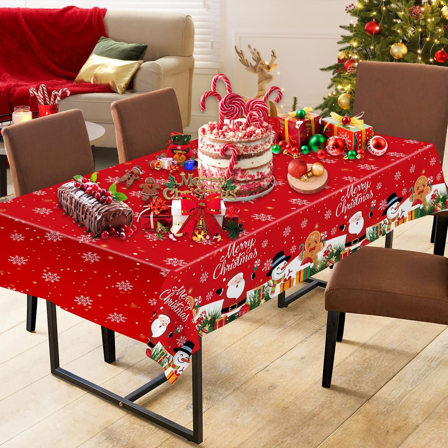 2 Pcs Christmas Tablecloth - Plastic Merry Christmas Table Cloth, Red Disposable Rectangle Cute Santa Claus Snowman Xmas Table Cover for Christma Party Decorations Favors Tables Decor, 108 x 54 Inch